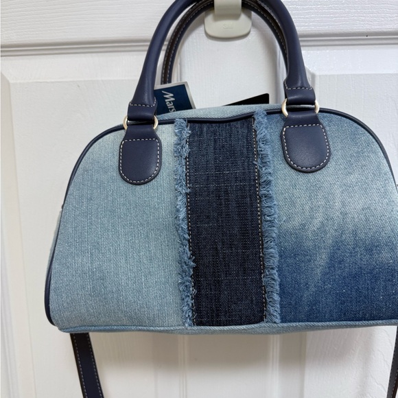 NWT True Religion Blue Denim Distressed Patch Satchel Crossbody Handbag Charms - Picture 4 of 6